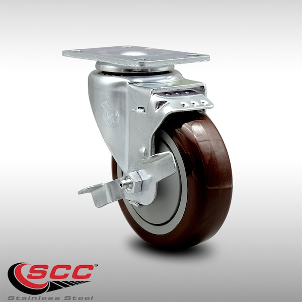 4 Inch SS Maroon Polyurethane Swivel Top Plate Caster with Brake